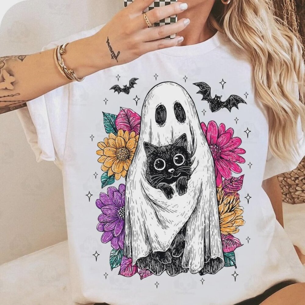 Ghost Cat Floral Halloween Shirt, Cute Cat Spooky Season Tee